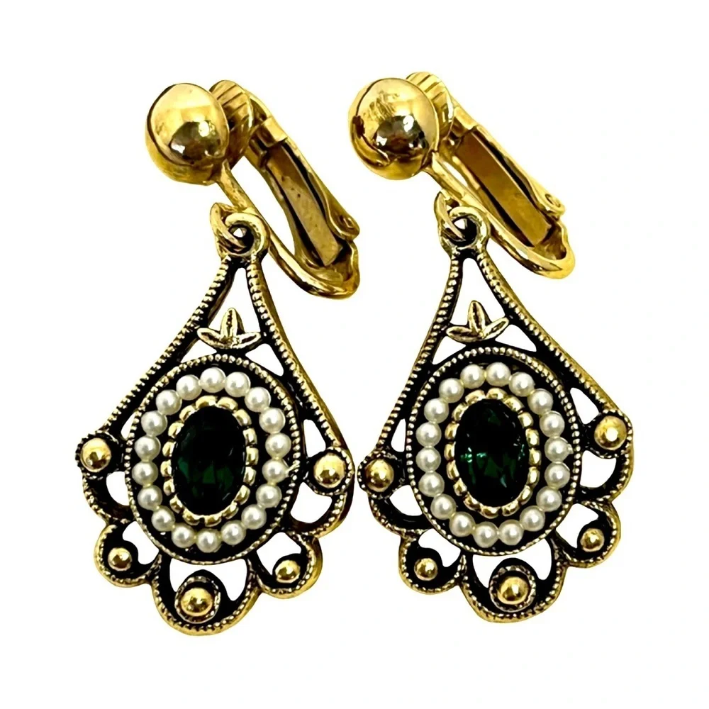 Vintage Avon Gold, Pearl, and Green Stone Clip-On Dangling Earrings